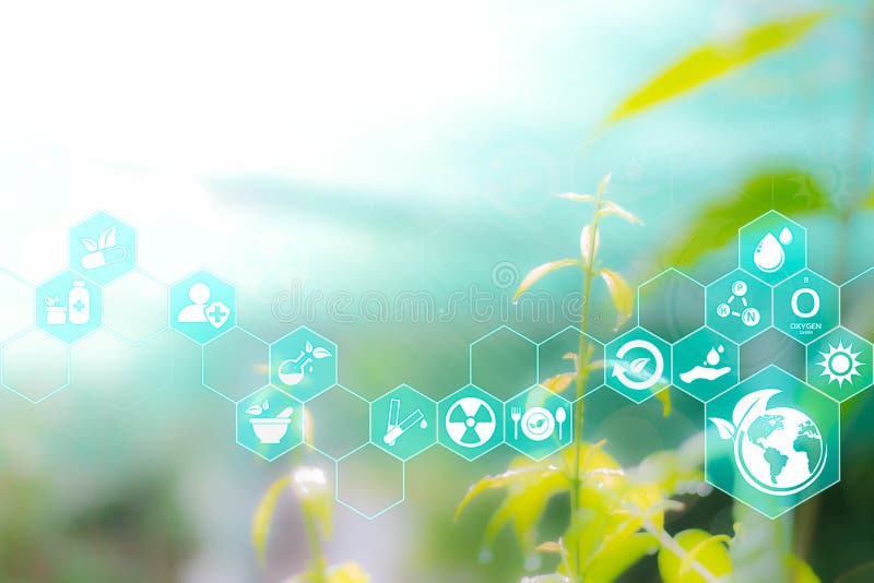 Agriculture and technology abstract concept, Futuristic ai virtual icons with Sustainable energy, Alternative medicine, Natural herbal remedies, on Free space Blurred gentle artistic nature background