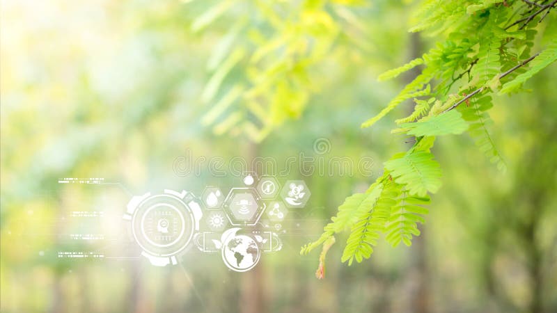 Agriculture and technology abstract concept, Futuristic ai virtual icons with Sustainable energy, Alternative medicine, Natural herbal remedies, on Free space Blurred gentle artistic nature background