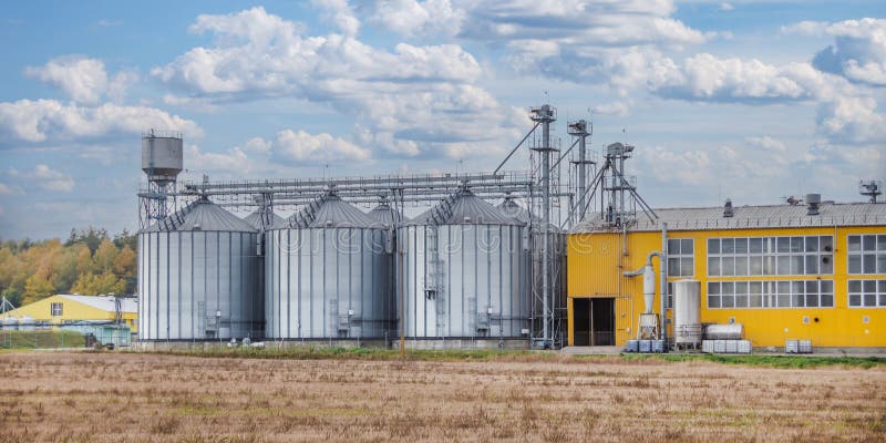 Agro-processing and manufacturing plant for processing and silver silos for drying cleaning and storage of agricultural products stock illustration