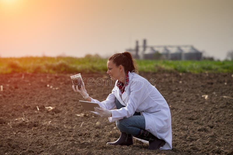 Young pretty woman agronomist checking soil quality on field. Young pretty woman agronomist checking soil quality on field