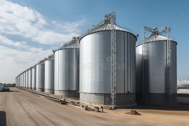Agroprocessing industrial facility - grain elevators and silos. Generative AI stock illustration