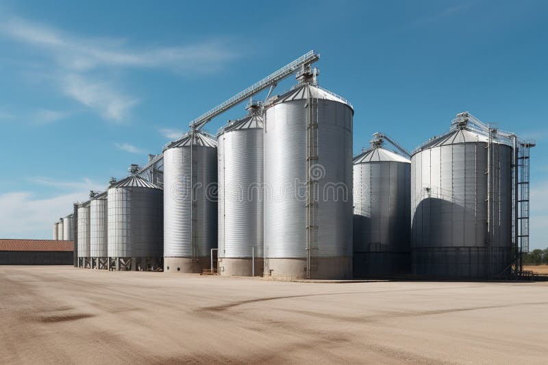 Agroprocessing industrial facility - grain elevators and silos. Generative AI stock illustration