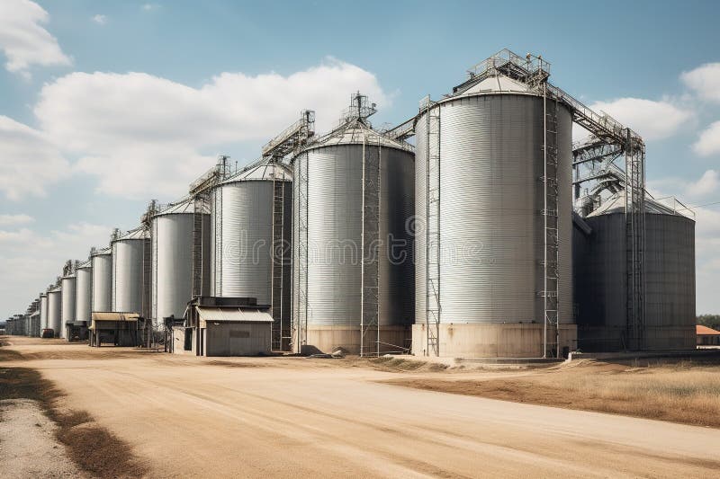 Agroprocessing industrial facility - grain elevators and silos. Generative AI stock illustration