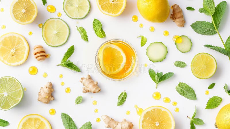 Agrumes et herbes sont disposés de façon créative sur fond blanc. des couleurs vives dominent cette fraîcheur et image stock