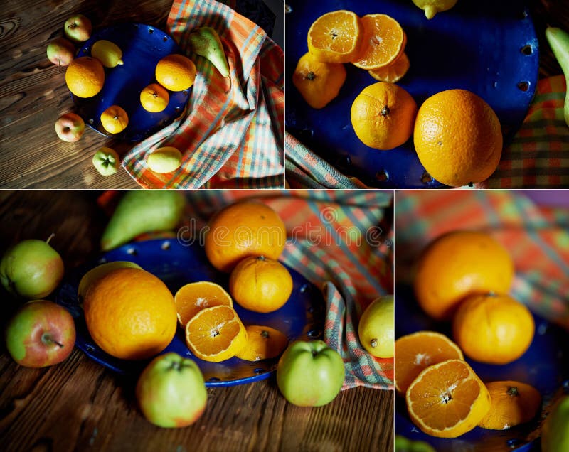 Agrumi su un piatto blu Contrasto Vitamine nel caso della malattia o del vegetarianismo collage fotografia stock libera da diritti Agrumi su un piatto blu Contrasto Vitamine nel caso della malattia o del vegetarianismo collage fotografia stock libera da diritti