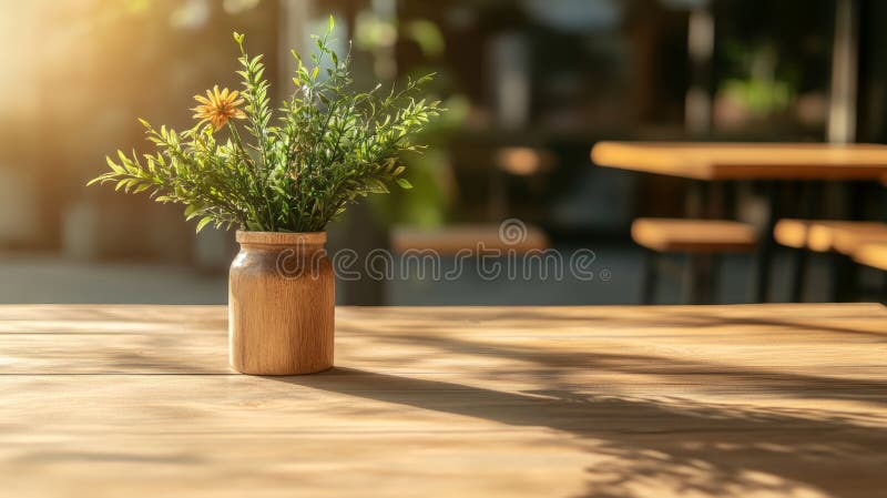 Agrémenté d'une charmante verdure et d'une fleur jaune dans un vase en bois au sommet d'une table rustique éclairée par une. Un bel ensemble de verdure et une fleur jaune dans un vase en bois surplombant une table rustique éclairée par un soleil chaleureux créent une atmosphère cosy. IA générée