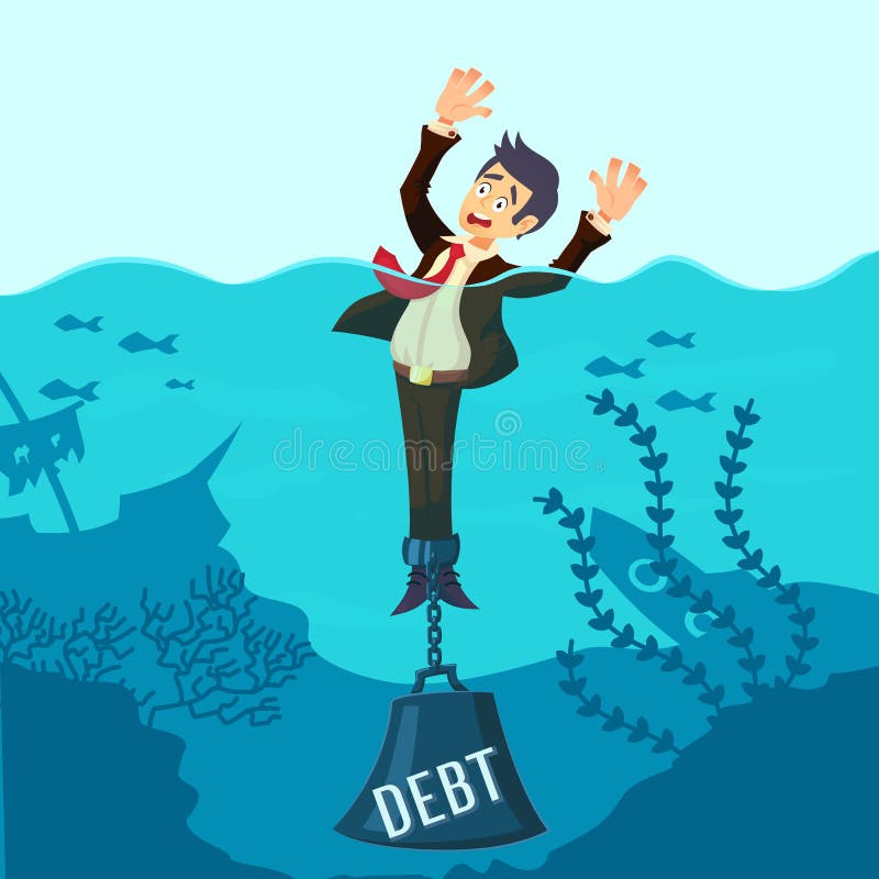 Ahogamiento del hombre de negocios encadenado con una deuda del peso, teniendo problemas del dinero, incapaces a los proyectos le stock de ilustración Ahogamiento del hombre de negocios encadenado con una deuda del peso, teniendo problemas del dinero, incapaces a los proyectos le stock de ilustración