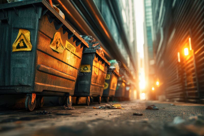 Industrial garbage bins with warning signs in narrow urban alleyway at sunset for waste management and city sanitation concept. AI