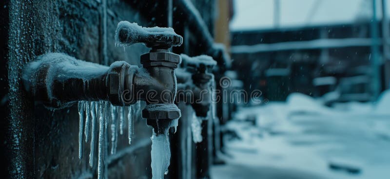 冬季景观中冰柱冷冻水管 免版税图库摄影