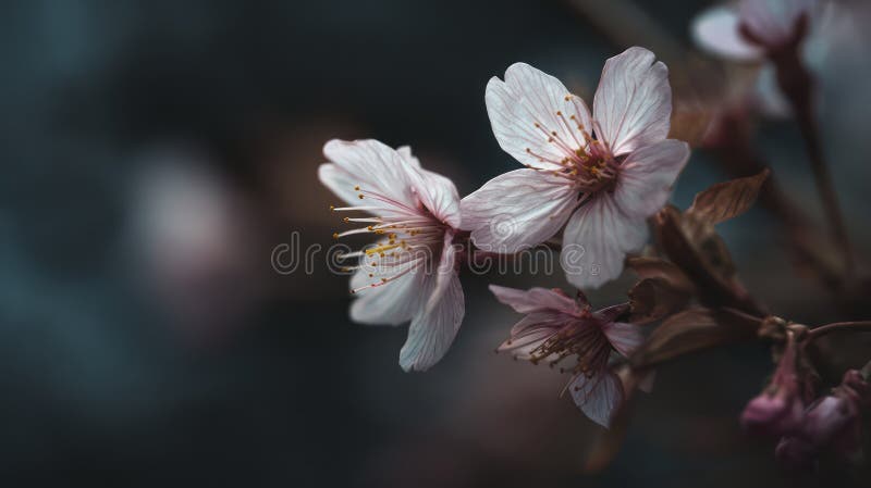 樱花从黑暗中绽放，选择性焦点，柔和的边缘光，情绪化的诗意氛围 库存图片