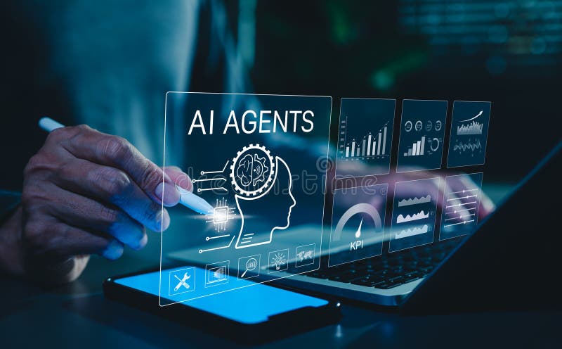 AI Agent Concept. Person interacts with AI agent technology, analytics charts, performance KPIs, symbolizing artificial