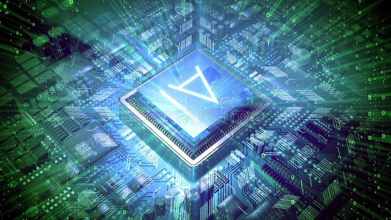 AI - artificial intelligence computer processor blended with matrix style binary code - 3D 4k animation (3840 x 2160 px). Computer matrix video