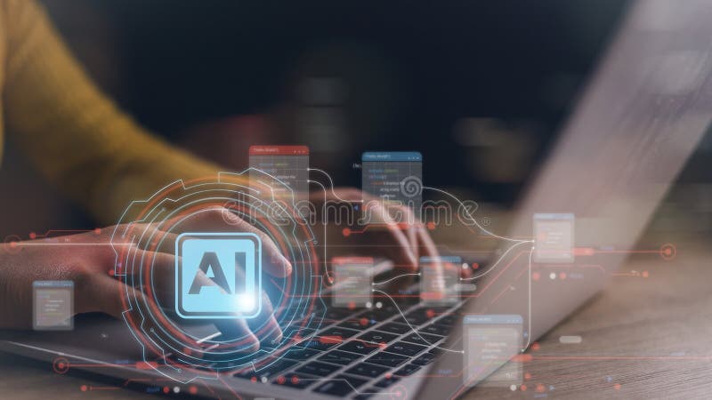 AI or Artificial intelligence concept. Businessman using computer use ai to help business and used in daily life, Digital royalty free stock photo