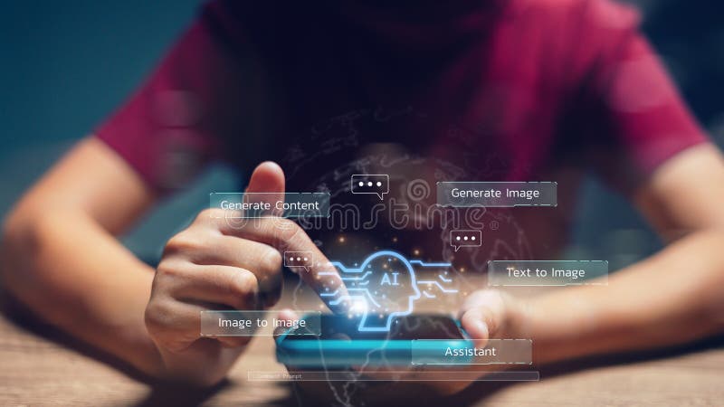 AI or Artificial intelligence concept. Woman using ai to help business and used in daily life, Digital Transformation, Internet of stock photo
