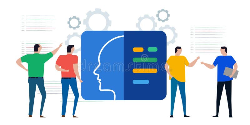 Ai artificial intelligence cyborg head learning machine programmeer script coding technology developer programer programmeur talk stock illustratie