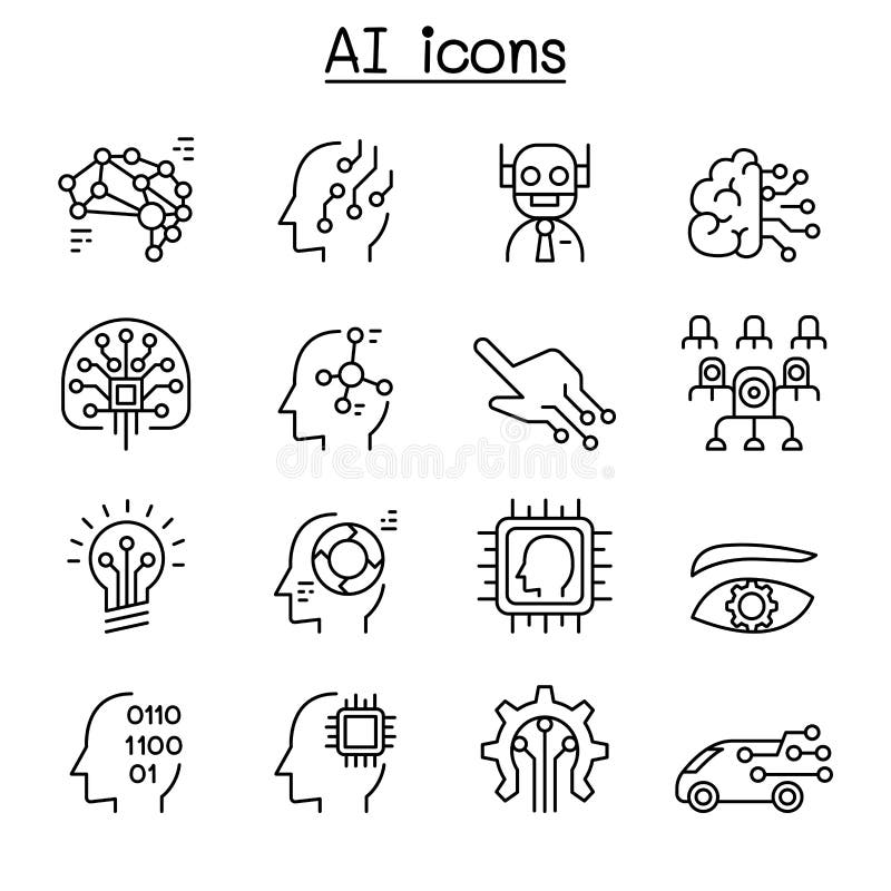 AI, Artificial intelligence icon set in thin line style stock illustration