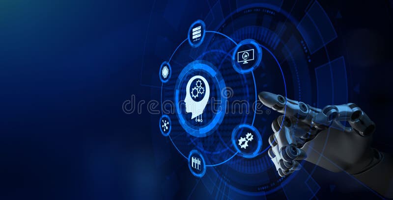 AI Artificial intelligence machine deep learning robot pressing button on virtual screen. Technology concept. stock illustration