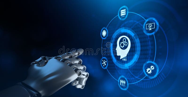 AI Artificial intelligence machine deep learning. Technology concept. Robotic arm 3d rendering. royalty free illustration