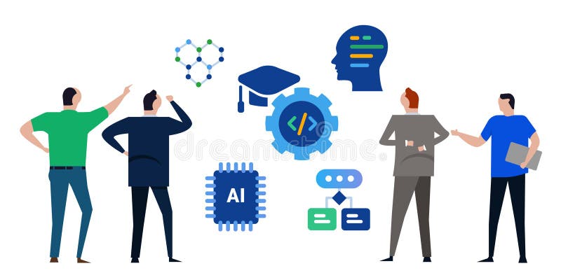 AI artificial intelligence people discuss concept of machine learning technology in business stock illustration