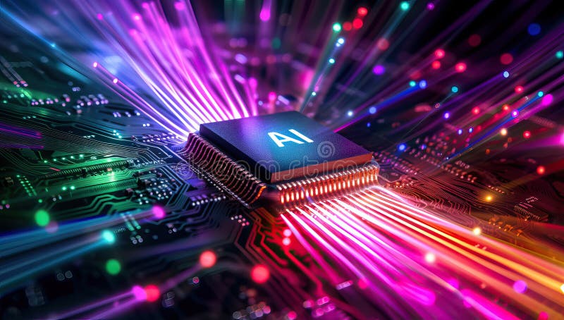 AI artificial intelligence processor on vibrant microcircuit stock illustration