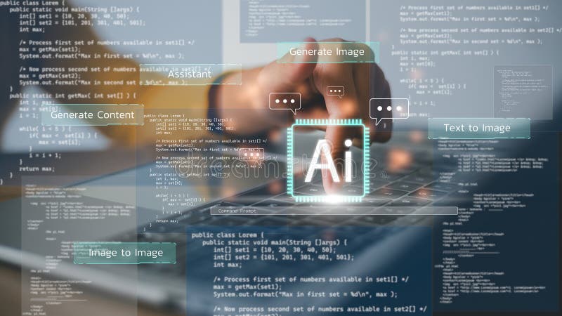 AI Artificial Intelligence. A programmer using AI technology for data analysis, coding computer language with digital brain royalty free stock image
