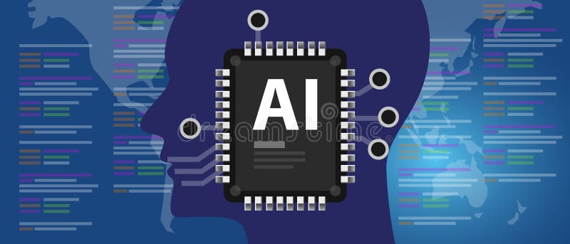 AI Artificial Intelligence programming code human brain connected to computer chips stock illustration