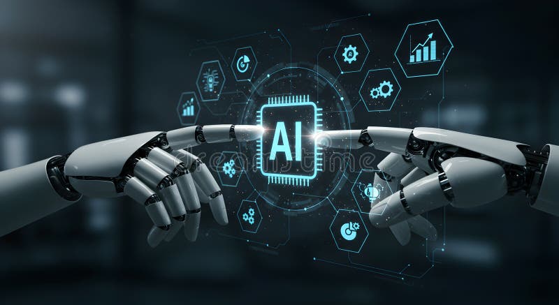 Ai artificial intelligence robot hands touching future technology machine learning concept design royalty free illustration