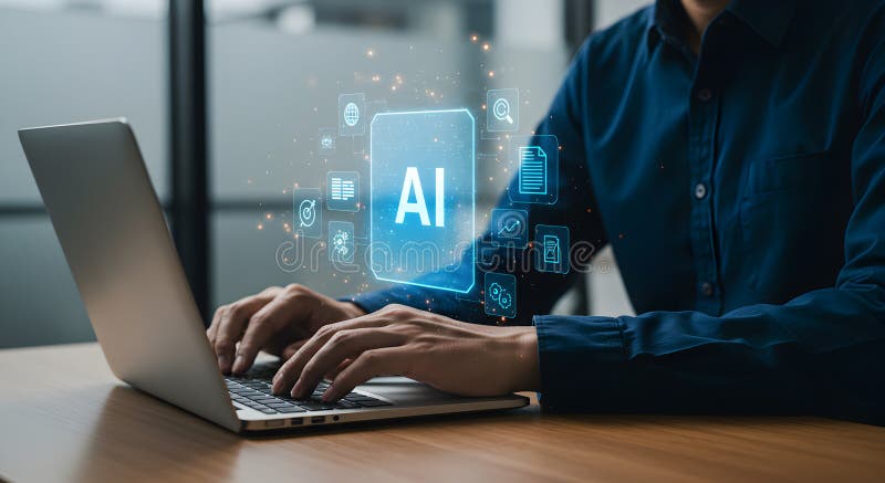 Ai artificial intelligence technology concept business man using laptop machine learning system 100 vector illustration