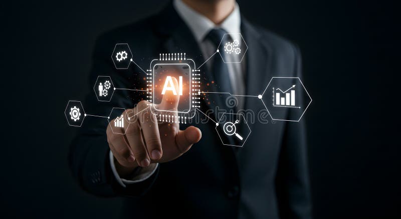Ai artificial intelligence technology concept businessman touching virtual screen data analysis royalty free illustration