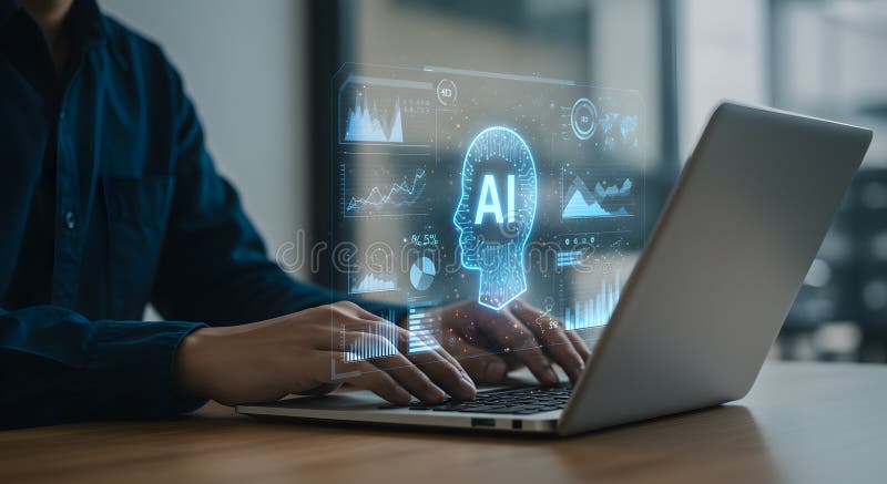 Ai artificial intelligence technology concept of future digital transformation laptop user interface. exploring artificial intelligence on a laptop, unlocking future digital transformation. the user interface showcases ai technology concepts with data analytics and machine learning insights.