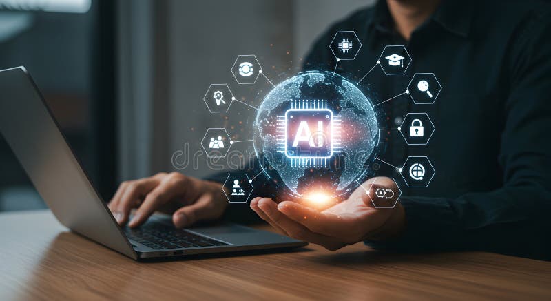 Ai artificial intelligence technology concept man working on laptop with ai globe hologram display stock illustration