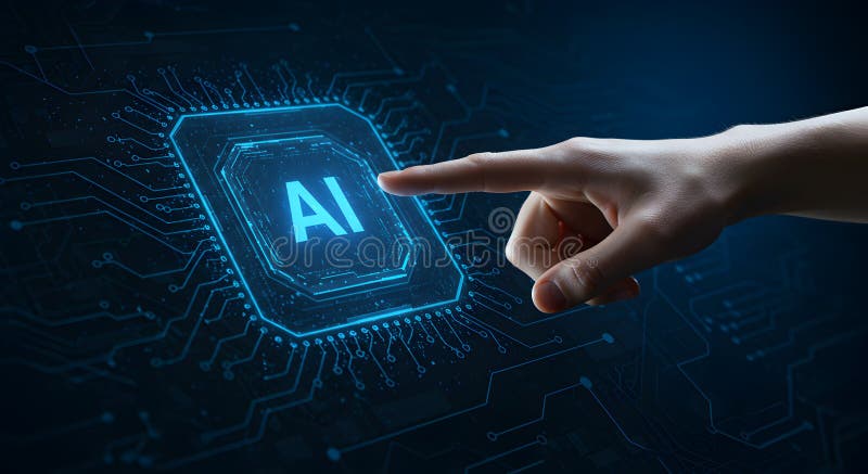 Ai artificial intelligence technology hand touching futuristic digital interface concept royalty free illustration