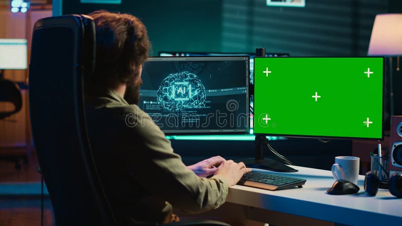 AI becoming sentient, asking existential questions, green screen computer royalty free stock images