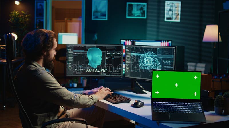 AI becoming sentient, chatting with computer scientist, green screen laptop stock images