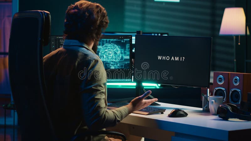 AI becoming sentient and self aware, talking with programmer, asking questions royalty free stock photo