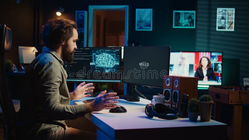 AI becoming sentient and self aware, talking with programmer, asking questions royalty free stock image