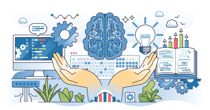 AI for beginners concept shows hands holding digital brain, computer,... vector illustration
