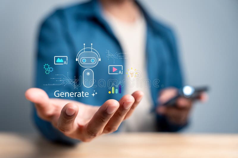 AI bot generation content creation, video, image, data, and innovation. generative AI, automation stock photography