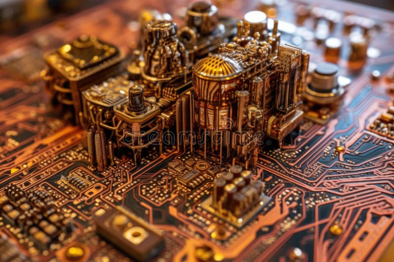 Ai brain circuit board close-up view royalty free illustration
