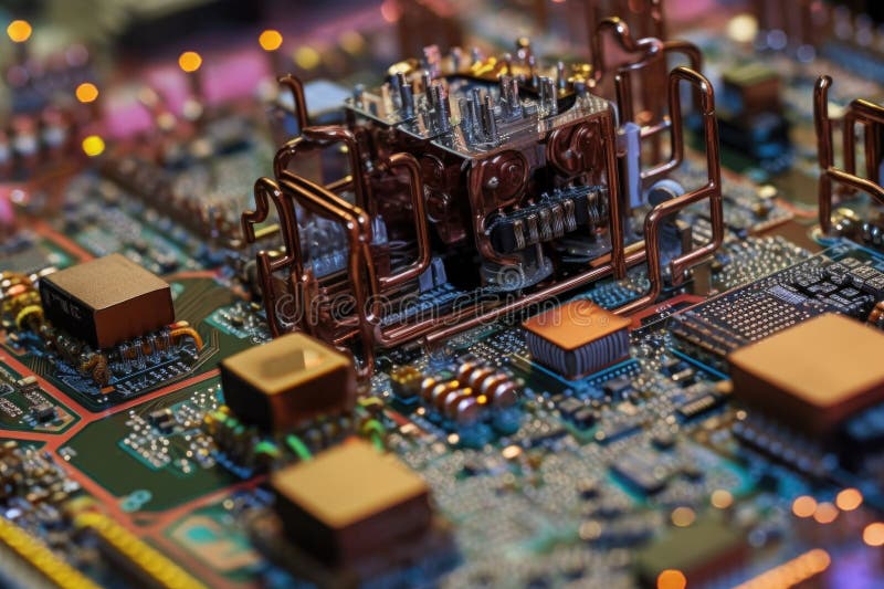 Ai brain circuit board close-up view stock illustration