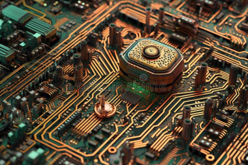 Ai brain circuit board close-up view stock illustration