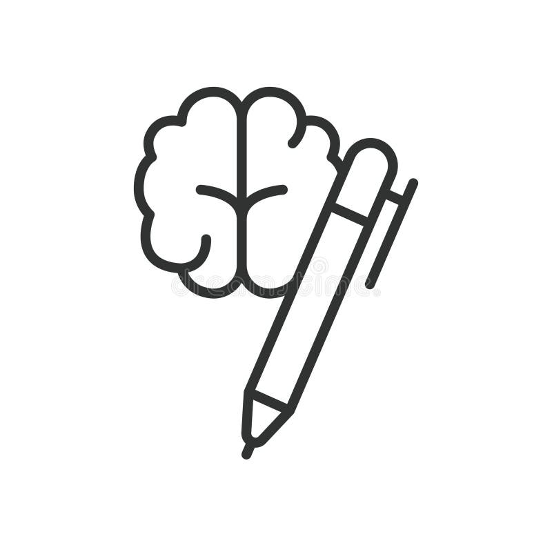 AI brain writing icon in line design. ai, brain, writing, creativity, artificial, intelligence, pen on white background vector. AI royalty free illustration