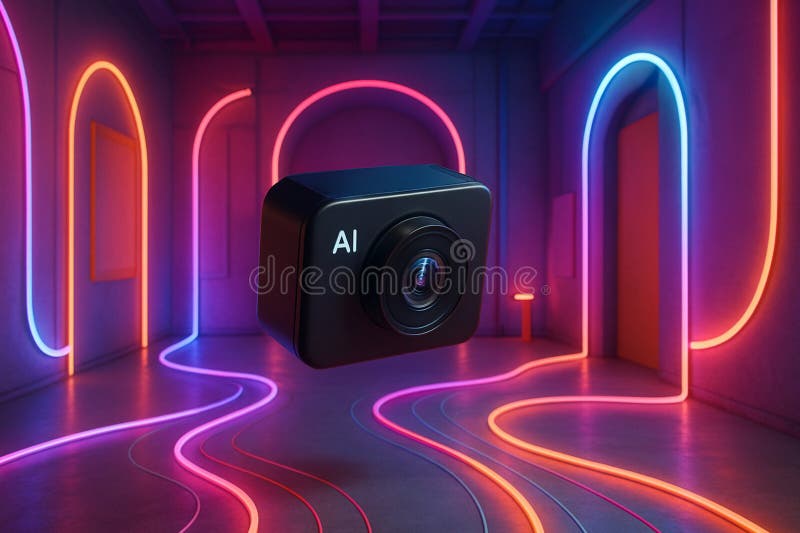 AI cameras float in imaginative spaces like installation art. Generative AI.