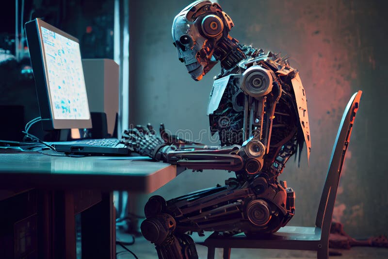 Ai chatbot Roboter sitzend am Schreibtisch tippen auf computer keybord generative ai stock abbildung