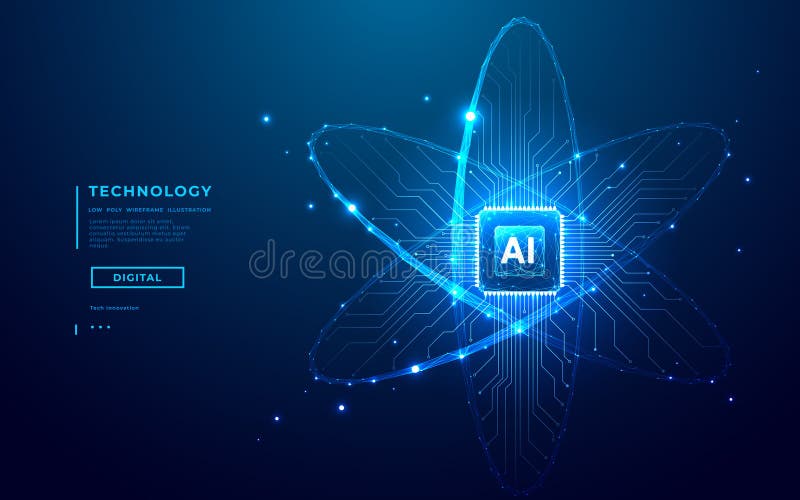 Ai-chip och abstrakt digital atom-ikon på teknikbakgrunden. stock illustrationer