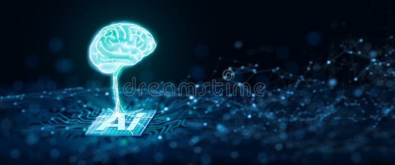 Ai chipset with human brain on computer circuit board. Ai CPU concept. 3D Rendering royalty free illustration