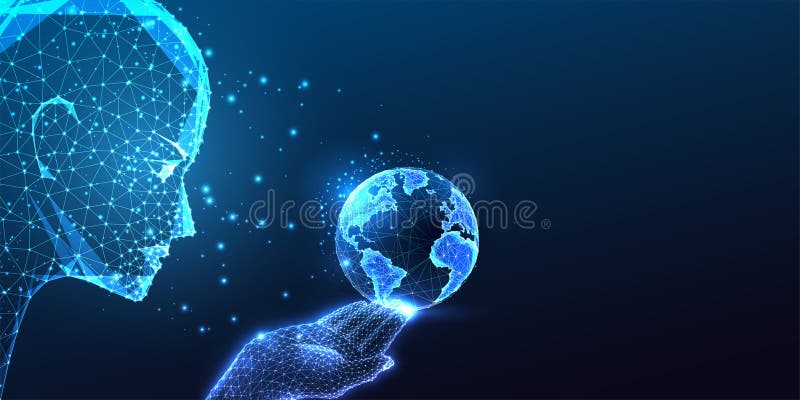 Ai chroni przyszłość Ziemi. opiekun futurystyczny. globalna łączność w świecie, gdzie twarz ai trzyma ziemię ilustracja wektor