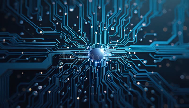 AI circuit board close-up. Electronic PCB circuit icon symbol. Futuristic tech, cyberspace connection, innovation, computer royalty free stock photography