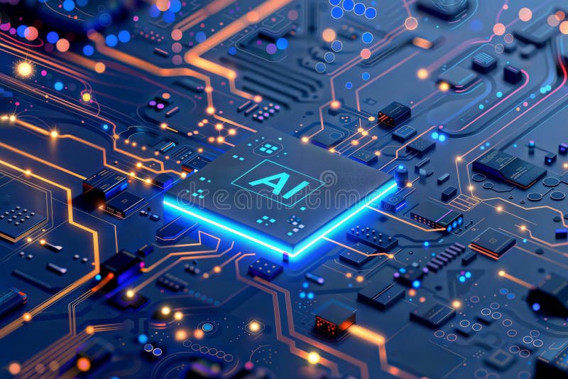 AI Circuit Board with Glowing Pathways and Components, generative ai stock illustration