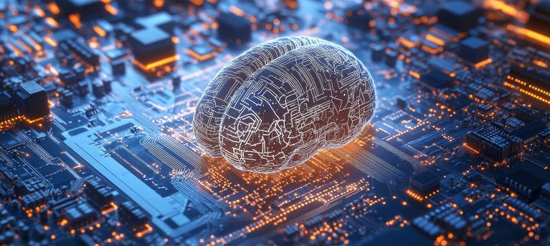 AI Circuitry Intricate Wireframe Brain Illuminiert eine futuristische Motherboard in 3D Render. vektor abbildung